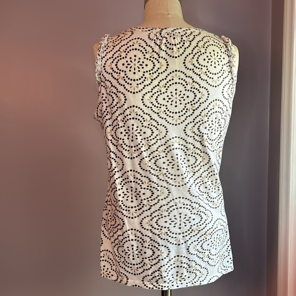 3/$12 Merona white and brown print tank top with ruffle edge trim at shoulders - Picture 2 of 11